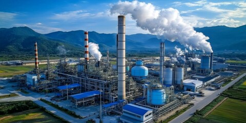 Obraz premium Industrial plant multiple tall chimneys emitting white smoke Eco-friendly incorporating