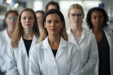 Fototapeta premium Female scientist leading diverse team in lab coats