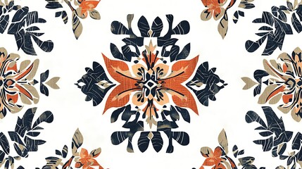Obraz premium Abstract Floral Pattern with a Navy, Orange, and Tan Color Palette