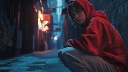 Obraz premium Pensive Youth in Red Hoodie in Neon Alleyway, Ideal for Cyberpunk Narratives, Urban Adventure Art, and Futuristic Character Design