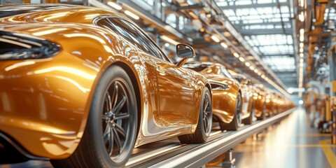 Fototapeta premium Row orange sports cars conveyor belt factory are Auto body shop uses