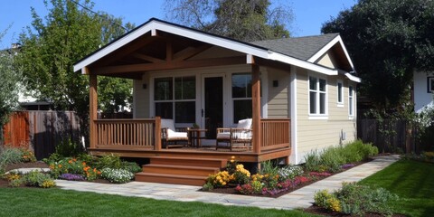 Small single-story house sloping roof porch is painted ADU dwelling unit