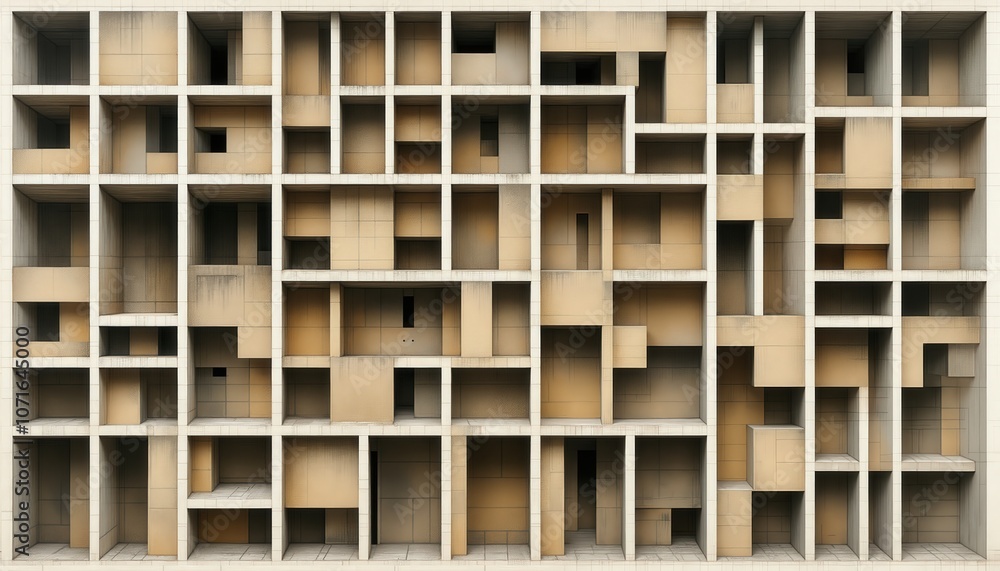 Poster abstract architecture pattern: modern geometric facade with symmetrical cubes and rectangles.