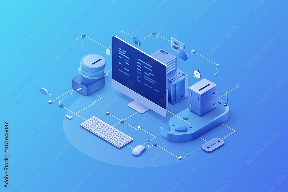 Poster modern technology concept with computer and network devices on blue background.