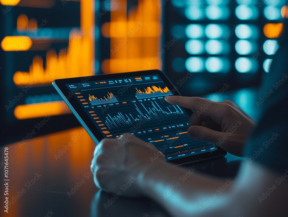 Poster person analyzing data on a tablet with graphical visualizations and digital displays in a modern wor
