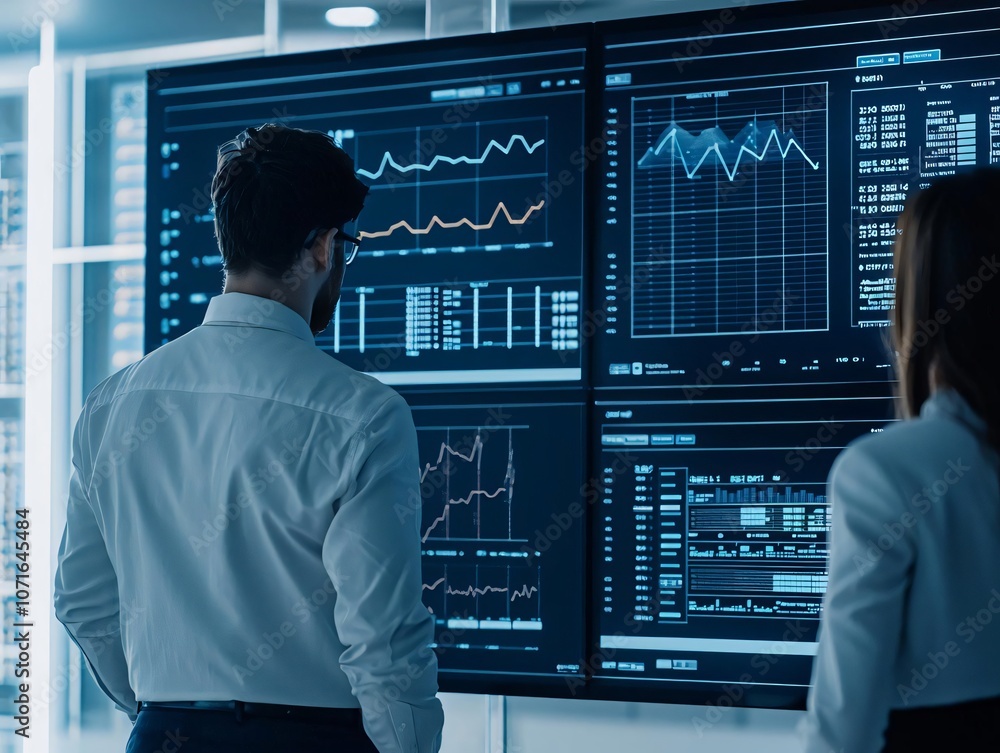 Poster professionals analyzing data on digital screens in a modern office setting, emphasizing teamwork and