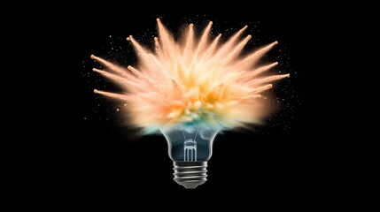 A vibrant explosion of creativity bursts from a light bulb against a striking black background, merging art and innovation