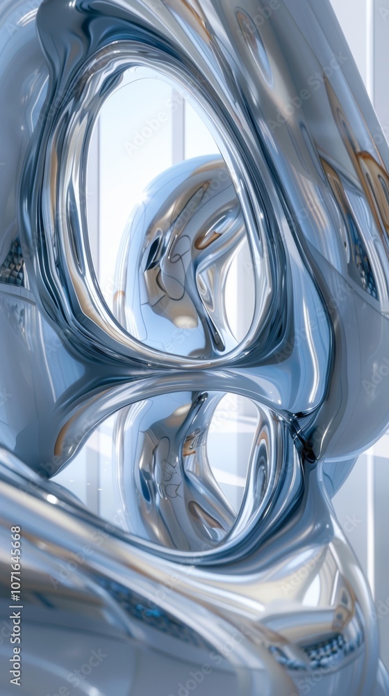 Poster a captivating abstract sculpture reflecting light and form in a modern gallery, showcasing fluid sha