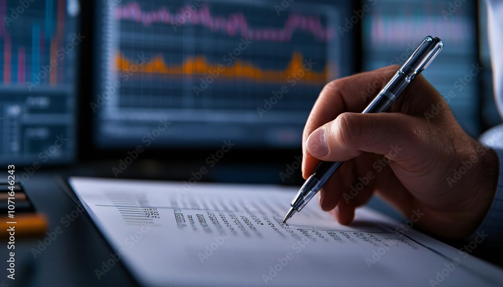 Poster a close-up of a hand writing on paper, surrounded by charts and data analysis on digital screens.