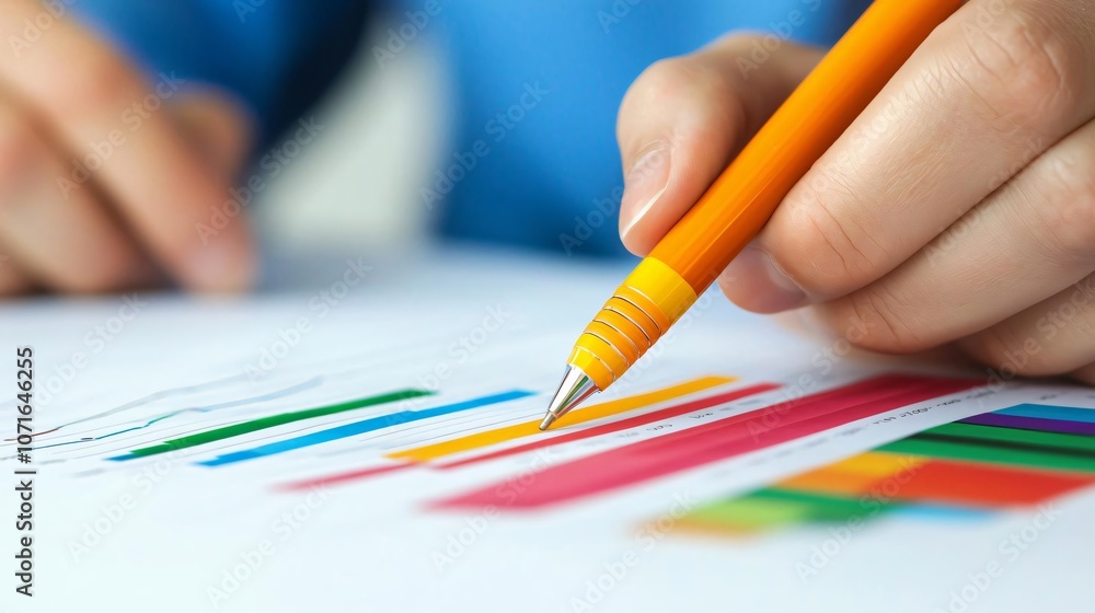 Poster a close-up of a person using a pen to analyze colorful bar graphs on a document, symbolizing data an
