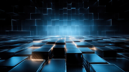 Obraz premium A futuristic arrangement of metallic cubes illuminated by soft blue lighting in an abstract environment