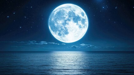 Bright Full Moon Over Calm Ocean at Night