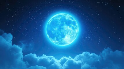 Obraz premium Bright Blue Moon Over Dark Starry Sky