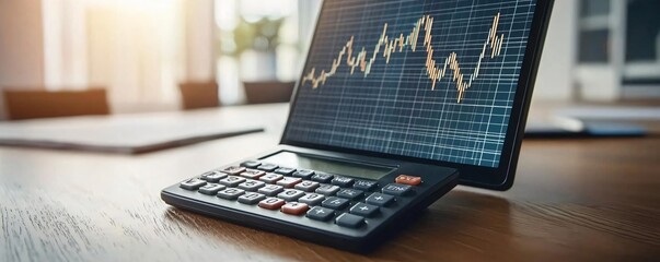 A close-up view of a calculator displaying financial graphs on a wooden desk, symbolizing data analysis.