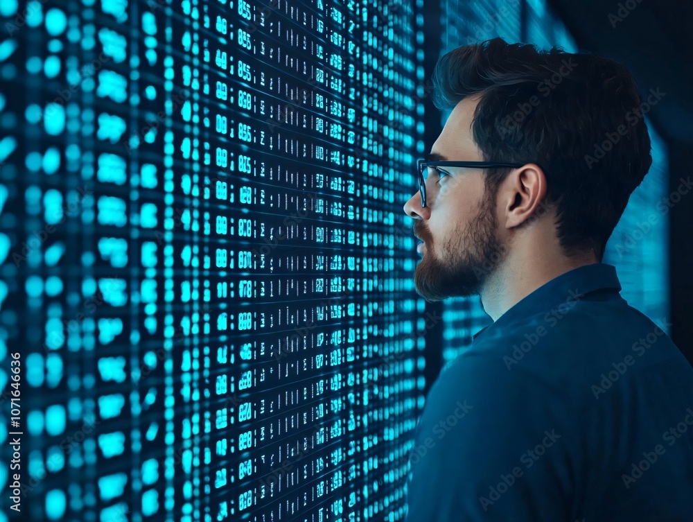 Poster a man analyzes data on a digital screen, showcasing modern technology and innovation in data science