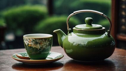Hot green tea served in a traditional teapot with a small tea cup, creating a peaceful and authentic atmosphere.