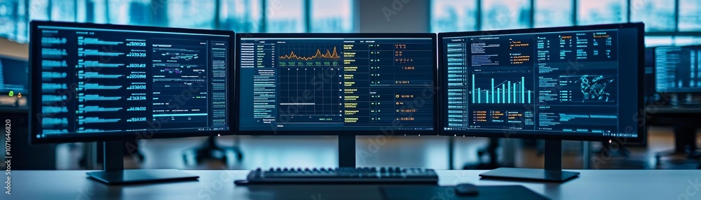 Poster a modern workspace with multiple screens displaying data, perfect for tech, finance, and analytics t