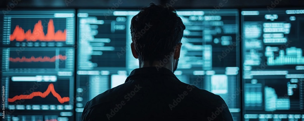 Poster a person analyzing data on multiple screens in a modern control room, showcasing technology and info