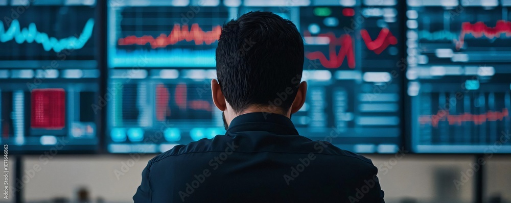 Poster a person analyzes data on screens, focusing on financial charts and metrics for insightful decision-