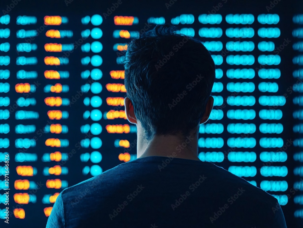 Poster a person analyzing digital data on a bright, modern display, showcasing the intersection of technolo