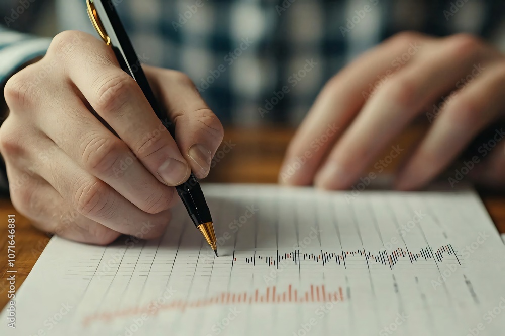 Poster a person analyzing data trends on paper with a pen, demonstrating thoughtful decision making in a wo