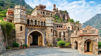 Fototapeta premium Historic Stone Castle Surrounded by Lush Mountains