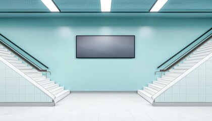 Prime advertising location in a subway station with a pastel blue wall and ceramic stairs.