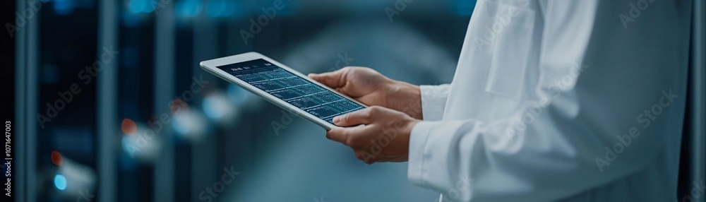 Poster a professional in a lab coat using a tablet to analyze data in a modern technology environment.