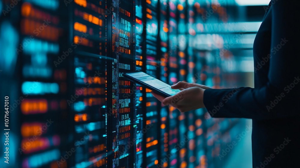 Poster a professional interacts with digital data displays, showcasing the innovation and depth of modern t