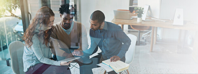Business people, design and window with tablet on banner for project collaboration or meeting at office. Group, creative designer or employees on technology for company strategy or ideas at workplace