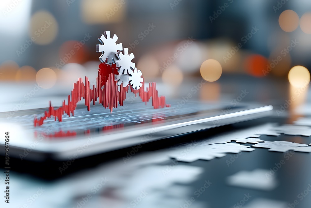 Poster economic data visualization with gears and rising chart on digital tablet