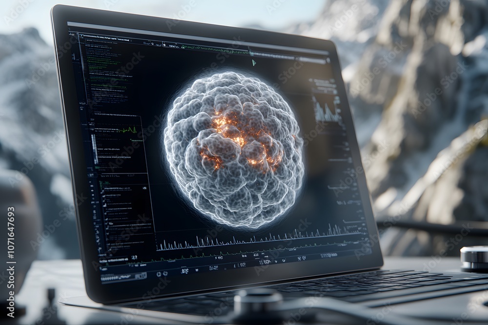 Poster 3d simulation of cellular structure on laptop screen in scientific research setting