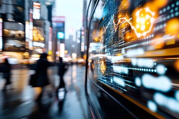 Futuristic City Reflections on Glass with Digital Data Display in Motion Blur