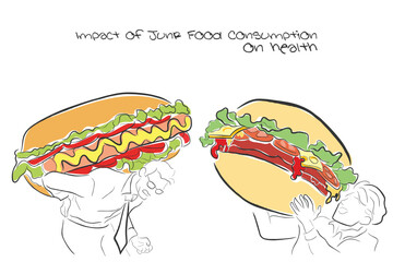 Hand drawn line art vector of man eating burger. Junk food consumption and its impact on human health.