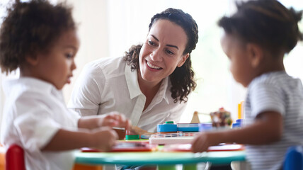 Defectologist smiling and sits with a two child 3 years old at a table, generative ai