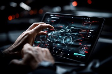 Person Interacting with Futuristic Car Design Interface on Touchscreen Device