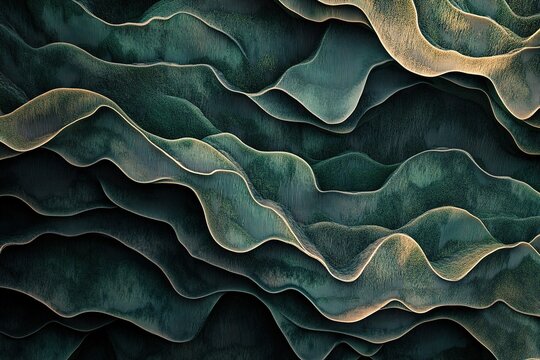 Waves of textured green and gold layers resemble rolling hills.