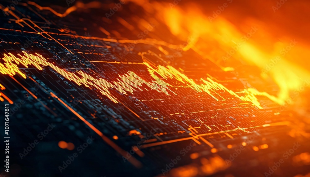 Poster abstract visualization of data trends and fluctuations with a fiery backdrop, representing dynamic c