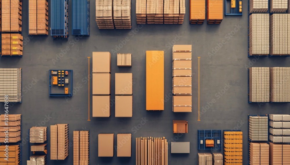 Poster aerial view of a neatly organized storage facility with boxes and containers arranged efficiently.