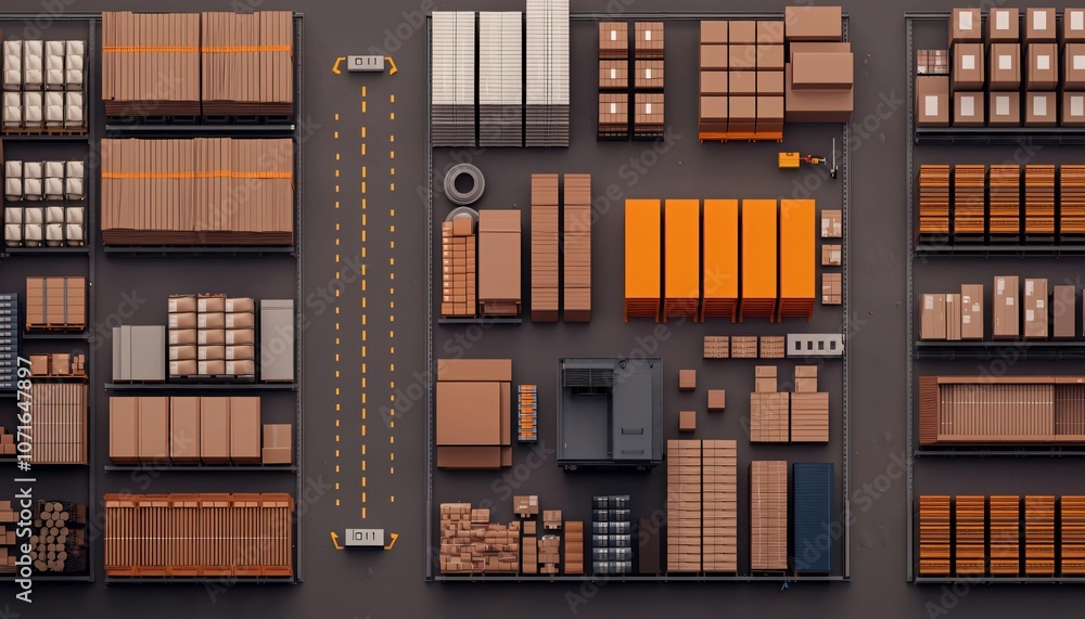 Poster an aerial view of a warehouse layout with boxes, crates, and a road for efficient transport and stor