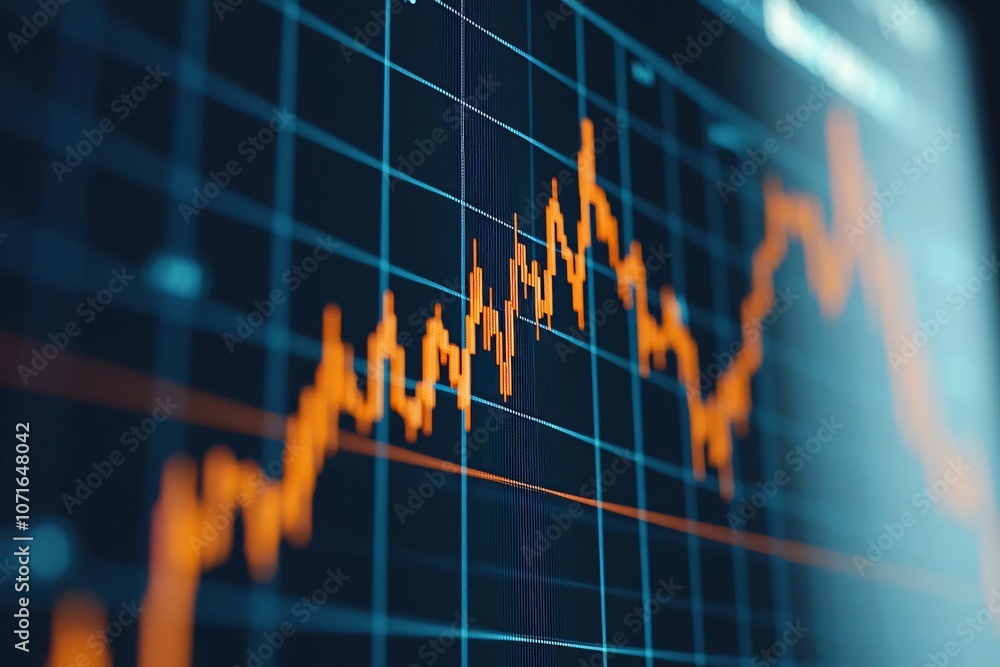 Poster close-up of a financial graph displaying upward trends with bright orange lines on a dark grid backg