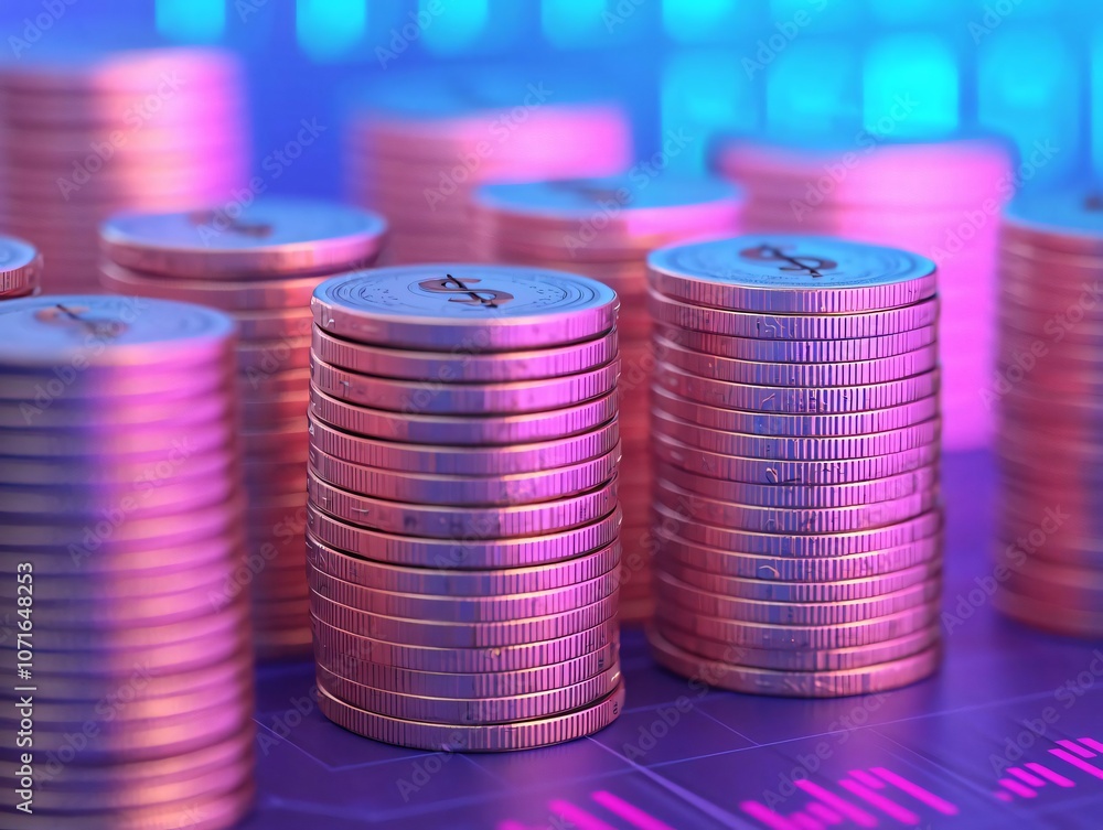 Poster close-up of stacked coins with a colorful digital background, representing finance and investment co
