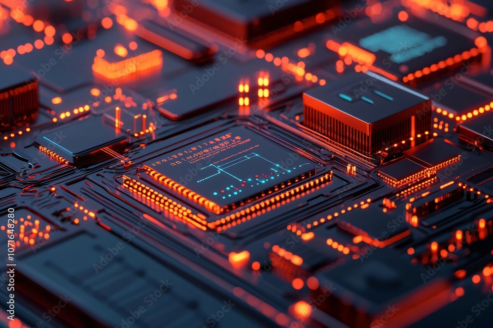 Poster close-up view of a modern circuit board with glowing components, representing advancements in techno