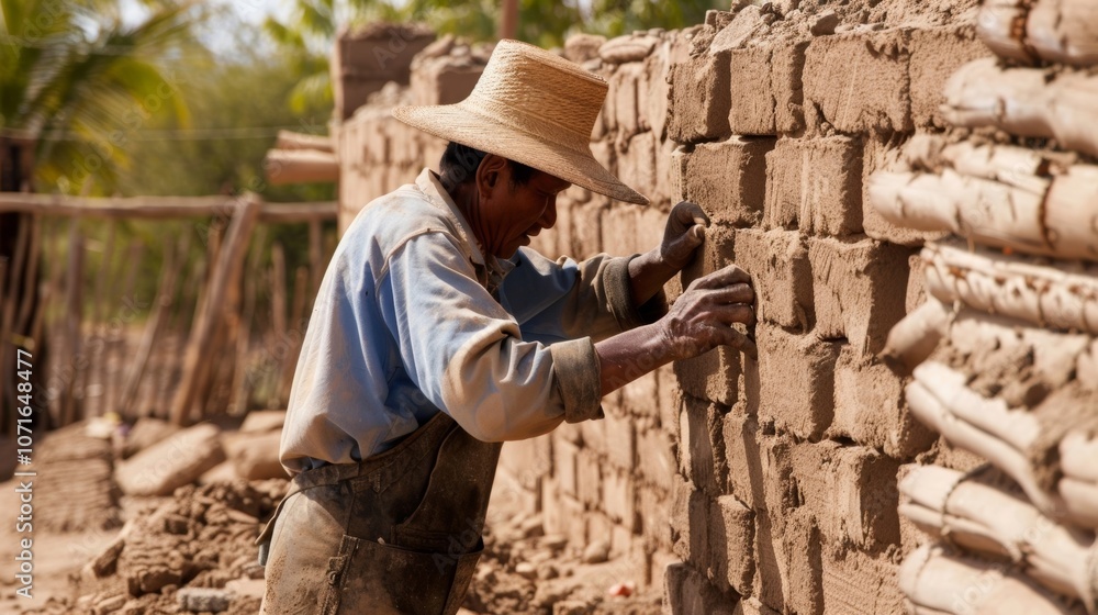 Poster a worker using adobe bricks made from a mixture of soil water and natural fibers to build a wall.