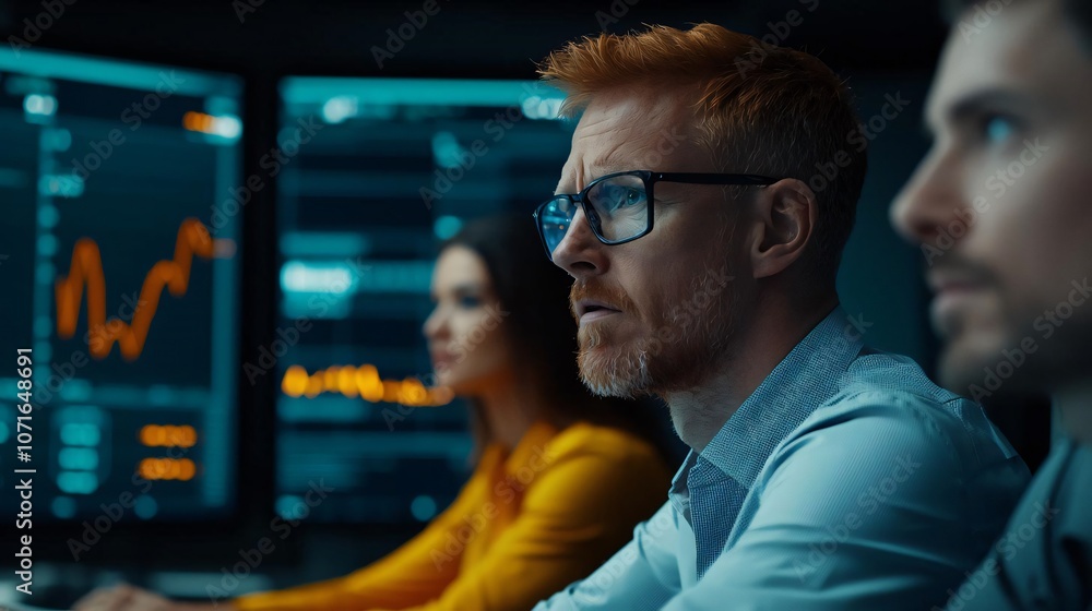 Poster focused team analyzing data on computer screens in a modern workspace, showcasing high-tech business