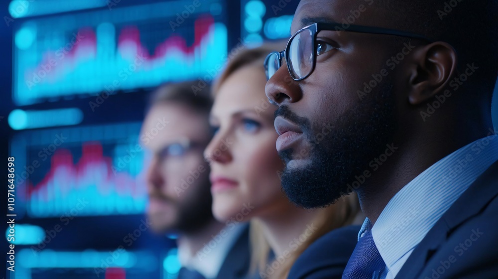 Poster focused professionals analyzing data graphs on screens in a modern office environment.