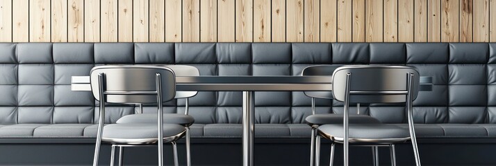 Modern titanium dining set against a slate gray padded wall for home decor.