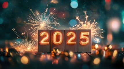 Wooden blocks spelling "2025" with fireworks exploding over abstract light trails and glowing particles.