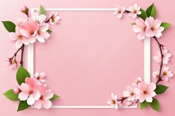 Fototapeta premium Pink frame with pink blossoms and floral design, featuring flowers, leaves, and petals, perfect for a romantic wedding invitation or spring card