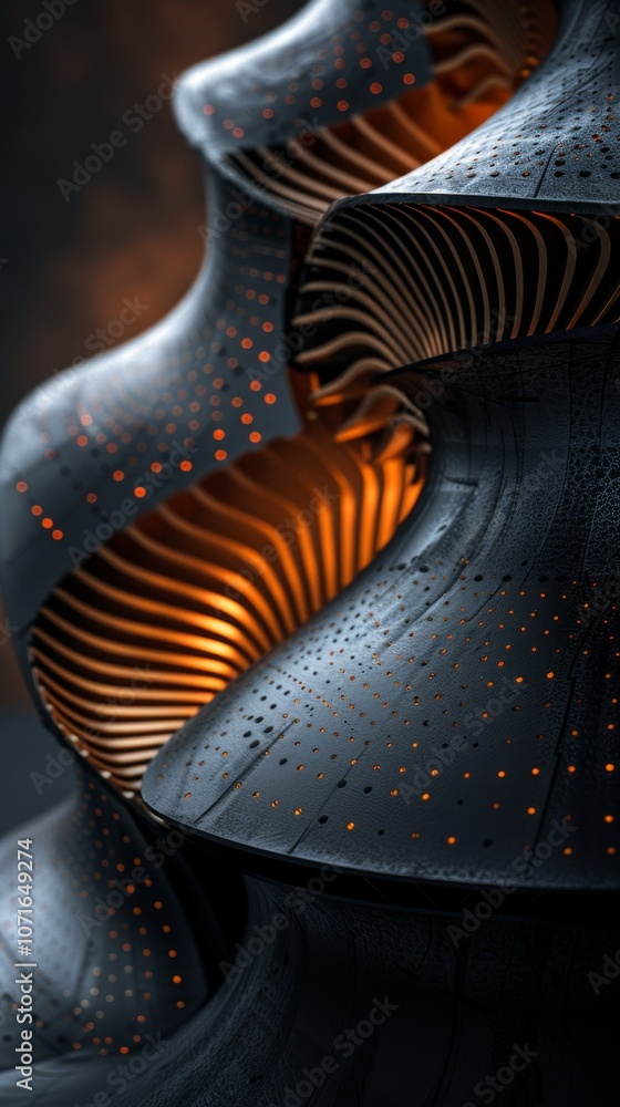 Poster a striking abstract sculpture with intricate patterns and warm glowing accents, showcasing unique te